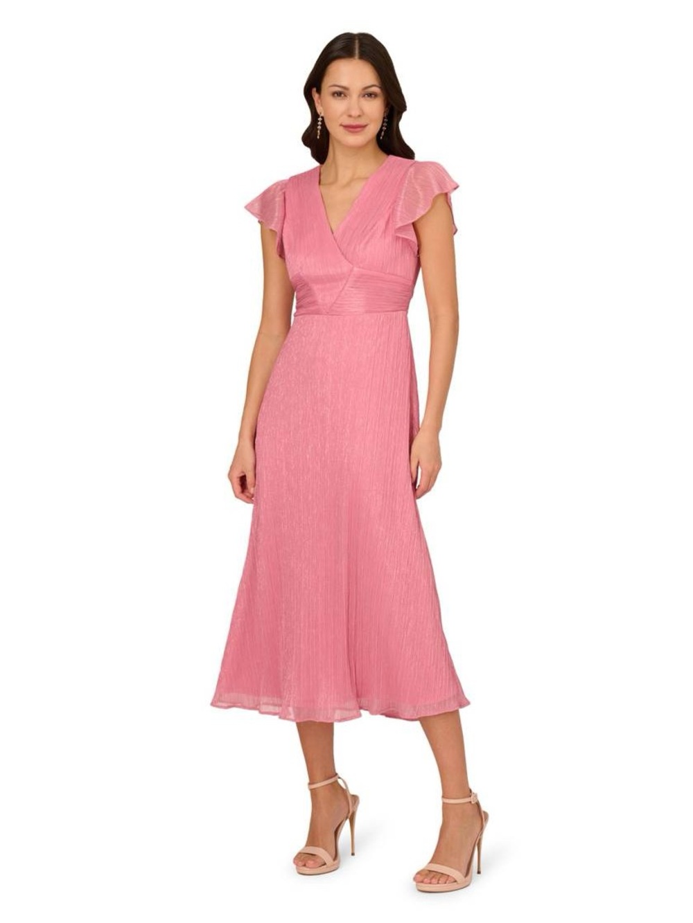 Adrianna Papell Size 6 Pink Metallic Pleated Flutter Sleeve Midi Dress NWT GALA